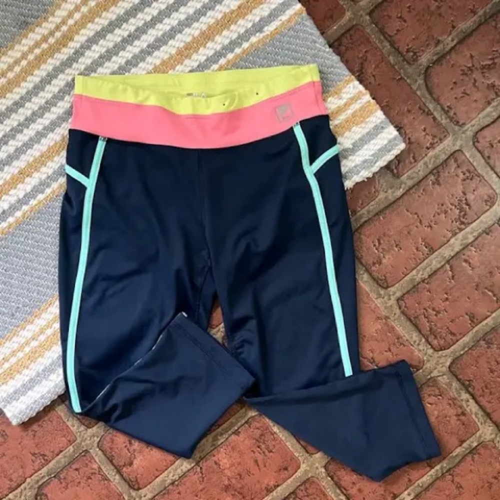 FILA SPORT Colorblock Yoga Capri Leggings “Midnight Lime Pink” Women’s XS NWT!